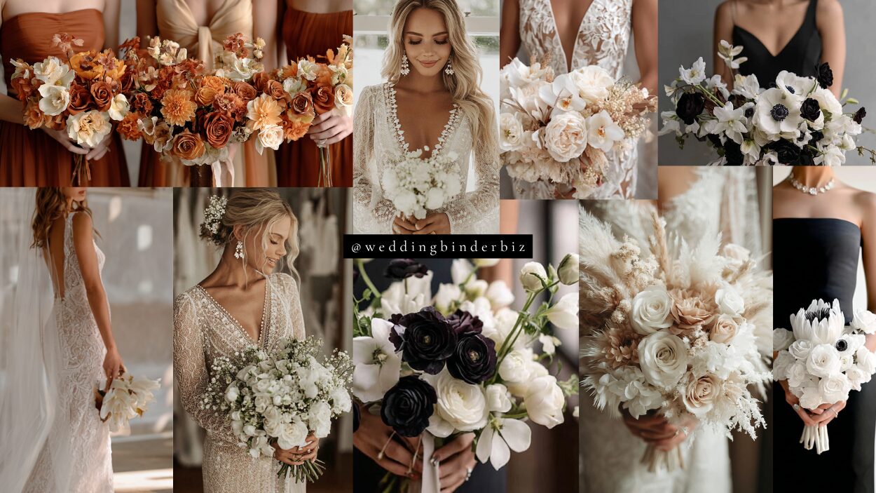 Black, White & Taupe Wedding Color Scheme Mood Board, Bridal Party