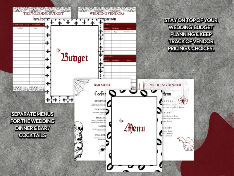 Gothic Wedding Planner Template Bundle, Wedding Budget & Wedding Menus