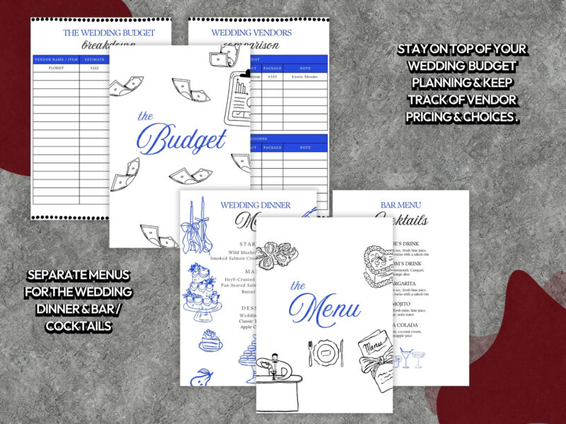 Whimsical Wedding Planner Template Bundle, Wedding Budget & Wedding Menus